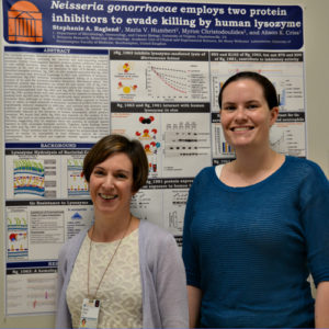 Researchers A. Criss, PhD and S. Ragland, PhD standing in front of their research poster